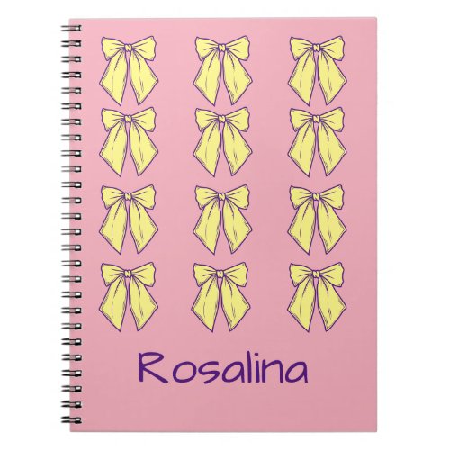 Cute Pink and Yellow Bows Pattern Girls Name Notebook