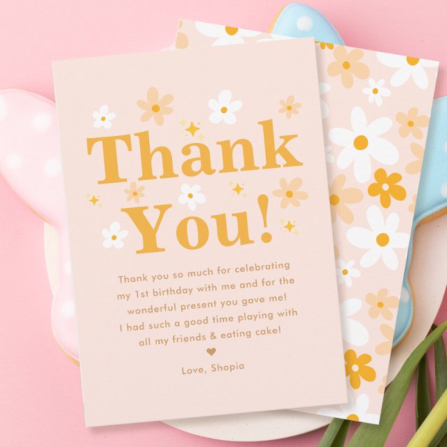 Cute Pink and yellow Daisy Birthday Girl  Thank You Card (Creator Uploaded)