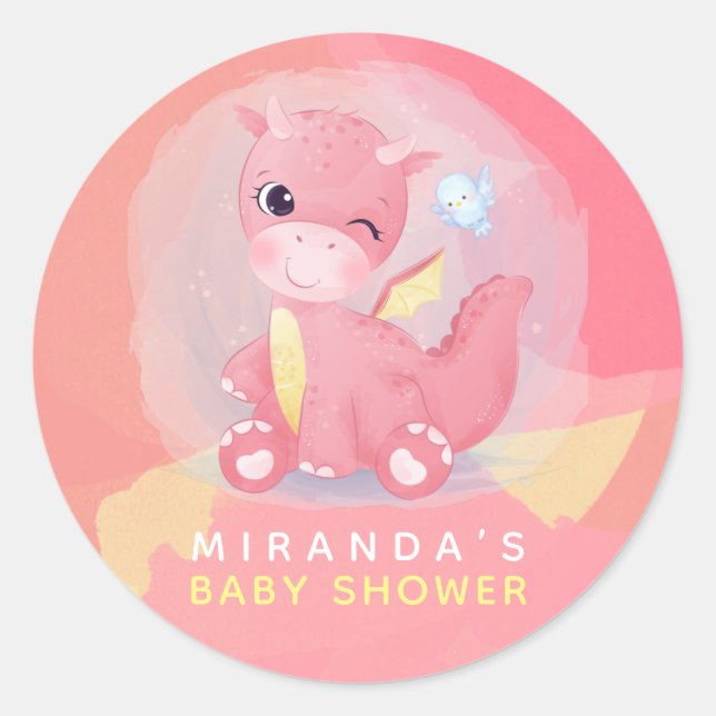 Cute Pink and Yellow Dinosaur Baby Shower  Classic Round Sticker (Front)