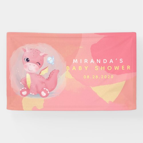 Cute Pink and Yellow Dinosaur Girl Baby Shower Banner