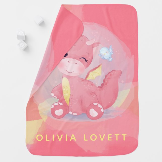Cute Pink and Yellow Dinosaur Girl Custom  Baby Blanket (In Situ)