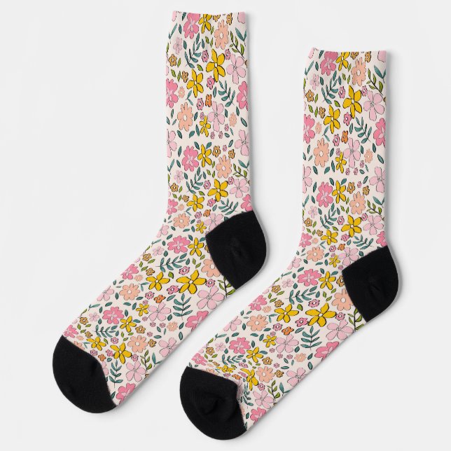 Cute Pink and Yellow Floral Pattern Socks (Left)