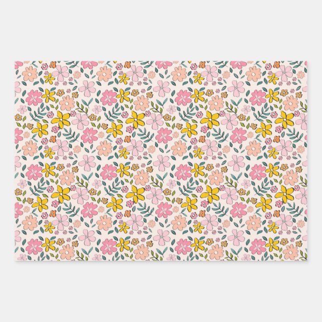 Cute Pink and Yellow Floral Pattern Wrapping Paper Sheets (Front)