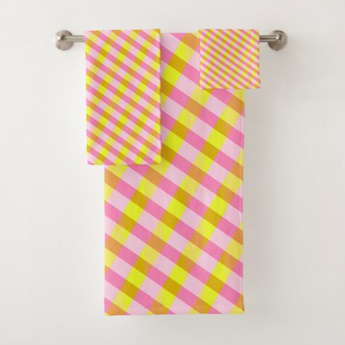 Cute Pink and Yellow Plaid Pattern  Bath Towel Set