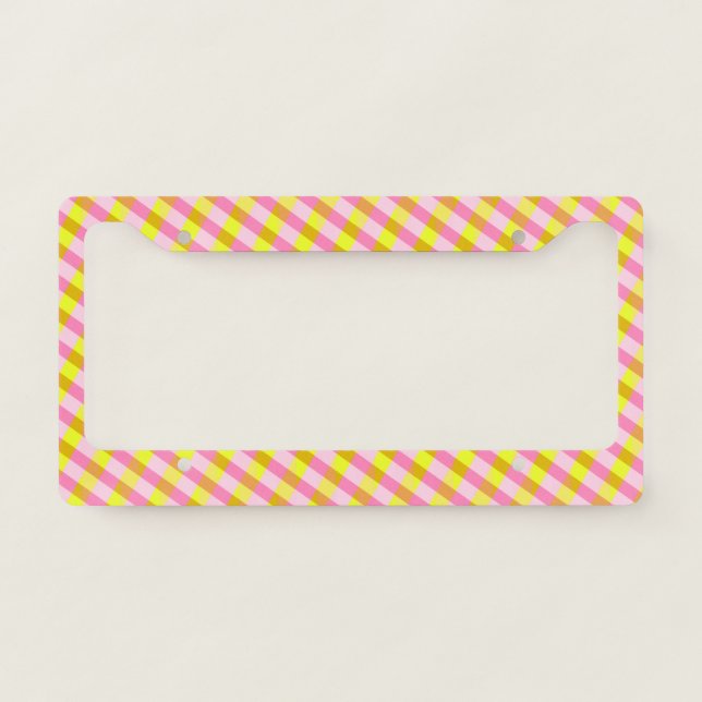 Cute Pink and Yellow Plaid Pattern  License Plate Frame (Front)