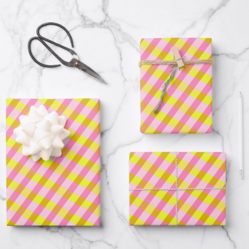 Cute Pink and Yellow Plaid Pattern Wrapping Paper Sheets