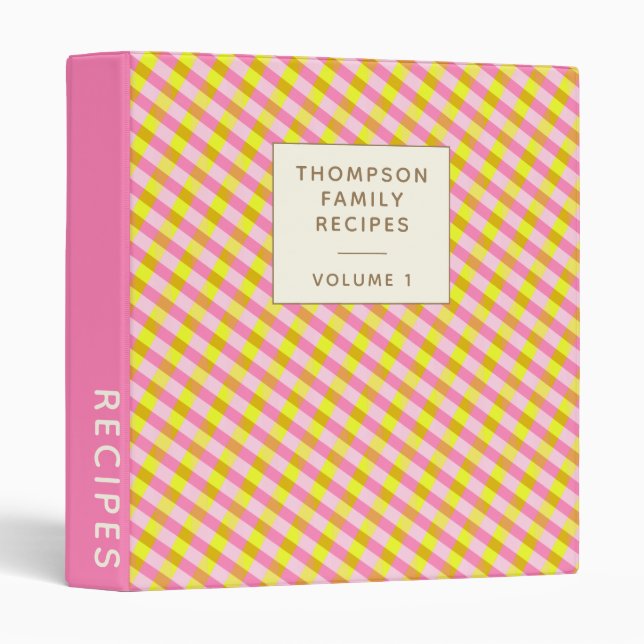 Cute Pink and Yellow Plaid Personalized Recipe 3 Ring Binder (Front/Spine)