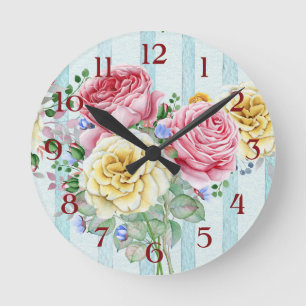 Cute Pink And Yellow Roses With Stripes Design Round Clock