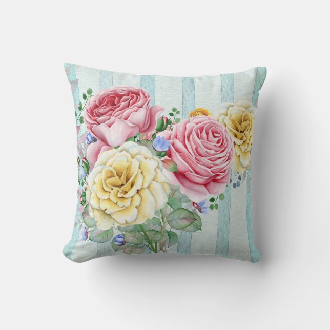 Cute Pink And Yellow Roses With Stripes Throw Pillow (Front)