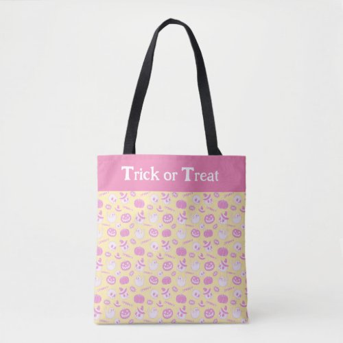 Cute Pink and Yellow Trick or Treat Halloween Tote Bag