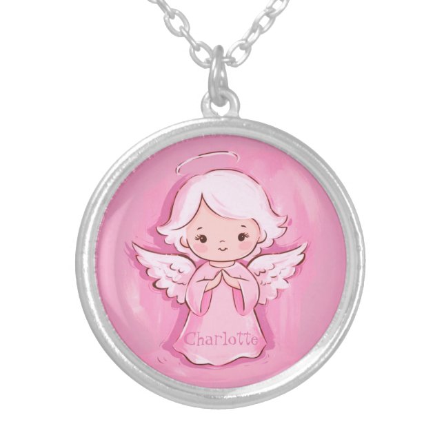 Cute Pink Angel Daughter Silver Plated Necklace (Front)