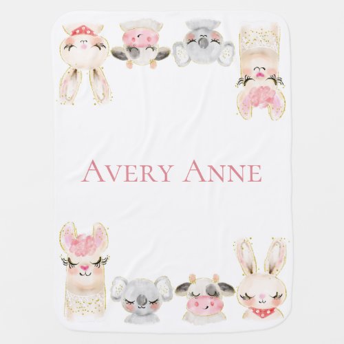 Cute Pink Animal Name Girl Baby Blanket