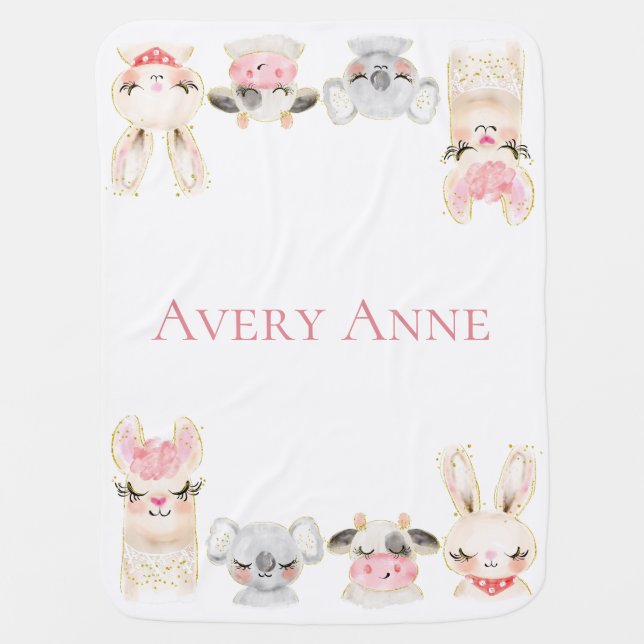 Cute Pink Animal Name Girl Baby Blanket (Front)