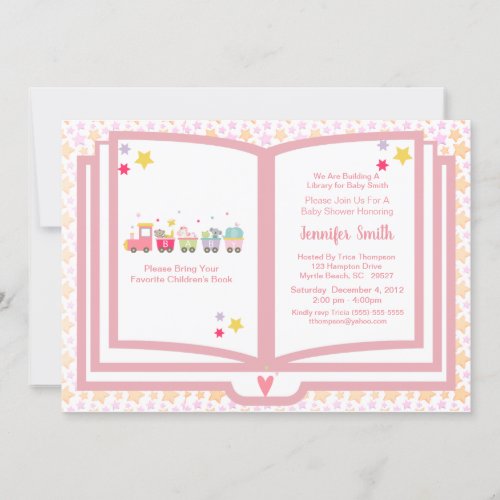 Cute Pink Animal Train Book Theme Baby Shower Invitation