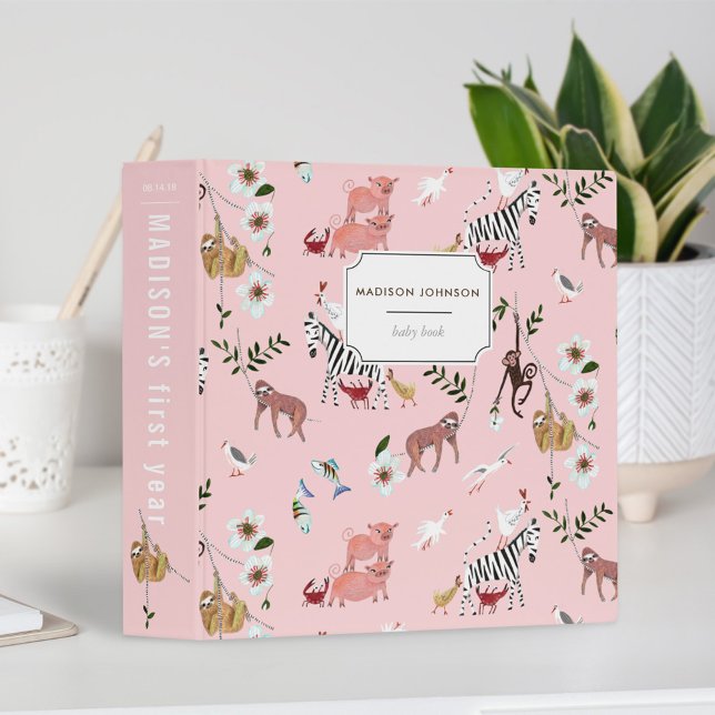 Cute | Pink | Animals Pattern | Sloth | Baby book 3 Ring Binder (Creator Uploaded)
