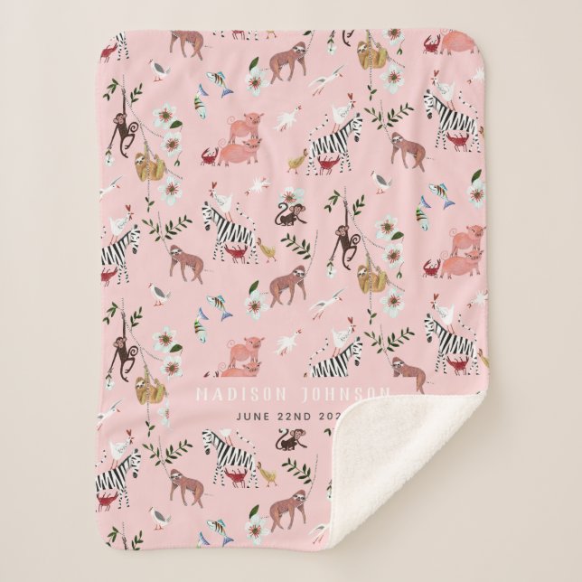 Cute pink animals sloth, zebra & birds nursery   sherpa blanket (Front)