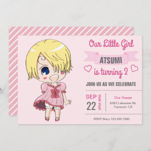 Cute Pink Anime Girl Birthday Party Invitation