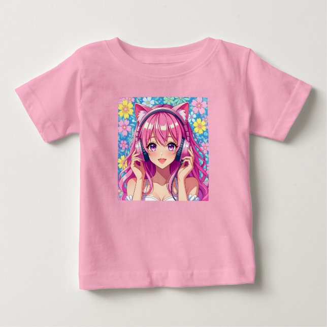 Cute Pink Anime Girl with Headphones   Baby T-Shirt (Front)