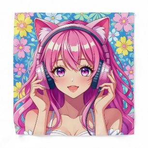 Cute Pink Anime Girl with Headphones Bandana