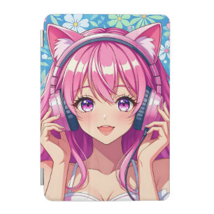 Cute Pink Anime Girl with Headphones iPad Mini Cover