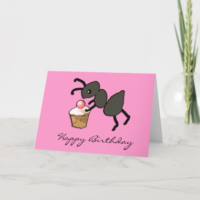 Cute Pink Ant and Cupcake Birthday Card (Front)