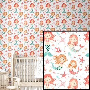 Cute Pink & Aqua Baby Mermaids & Stars Wallpaper