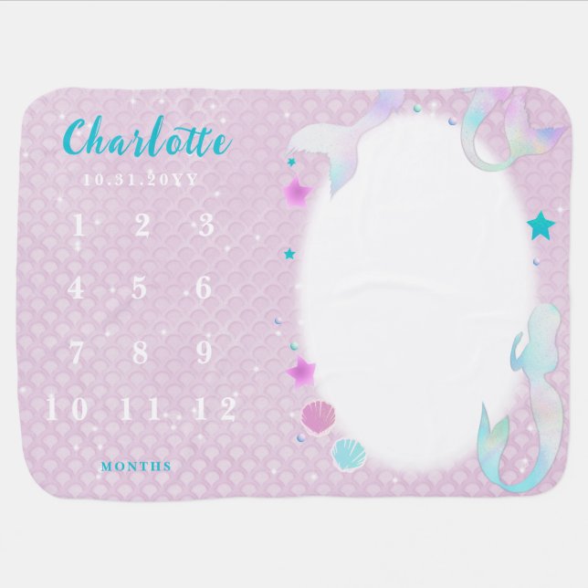 Cute Pink Aqua Rainbow Mermaids Milestones Girl Baby Blanket (Horizontal)