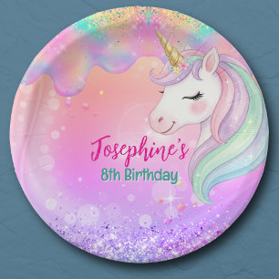 Cute pink aqua unicorn birthday paper plates