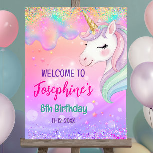 Cute pink aqua unicorn birthday welcome sign
