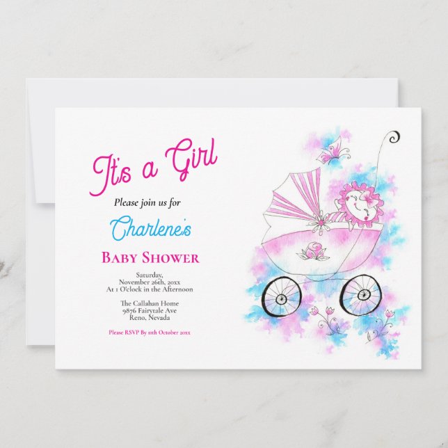 Cute Pink & Aqua Watercolor Baby Girl In Stroller Invitation (Front)