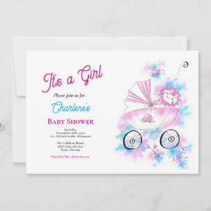 Cute Pink & Aqua Watercolor Baby Girl In Stroller Invitation
