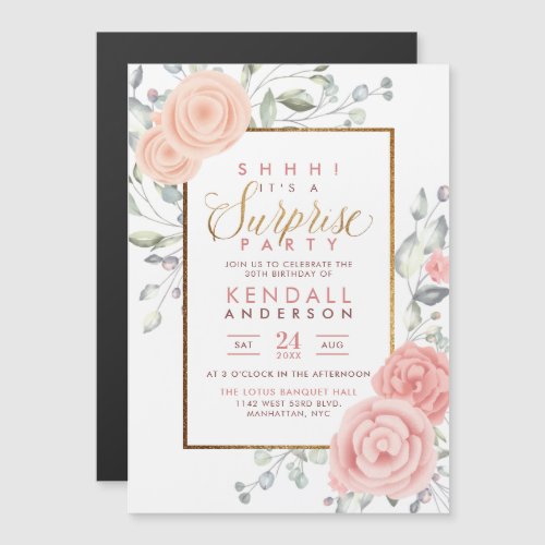 Cute Pink Aquarelle Flowers Floral Surprise Party Magnetic Invitation