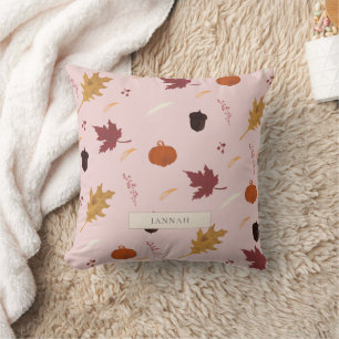 Cute Pink Autumn Pumpkin Leaves Decorative Throw Pillow