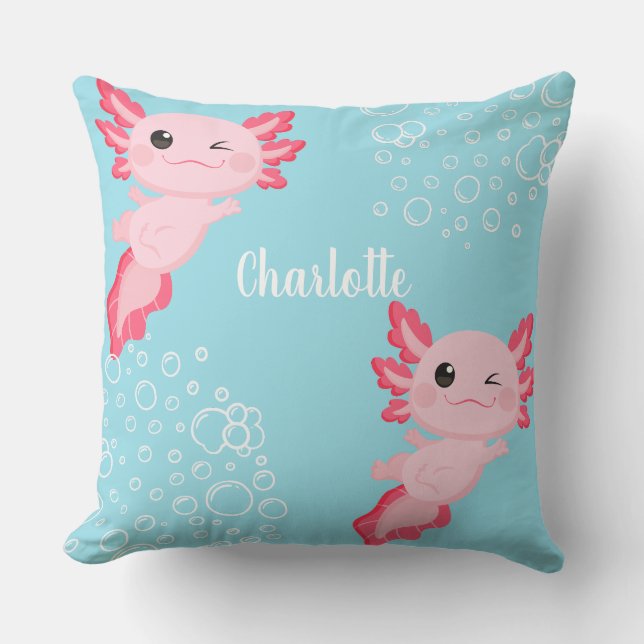 Cute Pink Axolotl Aqua Blue Underwater Kids Throw Pillow (Front)