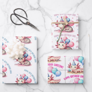 cute pink axolotl birthday celebration wrapping paper sheets