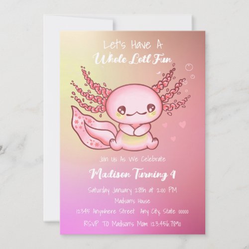 Cute Pink Axolotl Birthday  Invitation