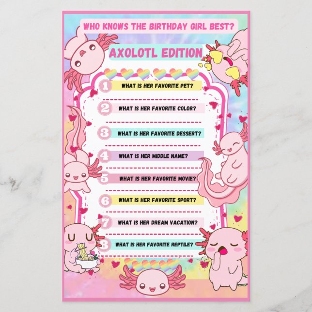 Cute Pink Axolotl Birthday Party Game Activity (Front)