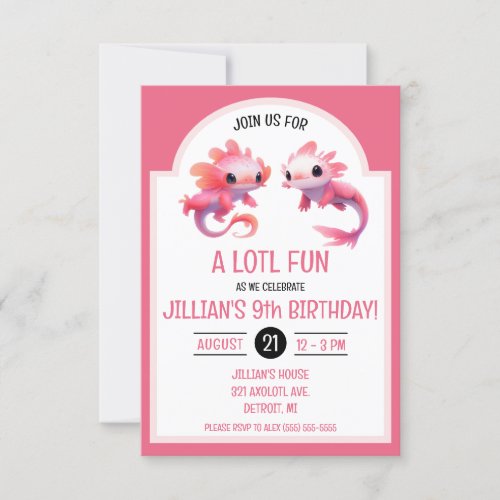 Cute Pink Axolotl Birthday Party Invitation