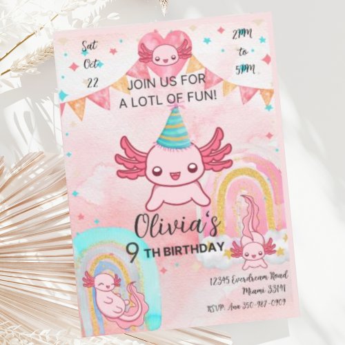 Cute Pink Axolotl Birthday Party Invitation