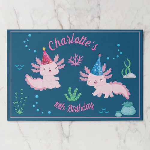 Cute Pink Axolotl Birthday Party Table Placemats