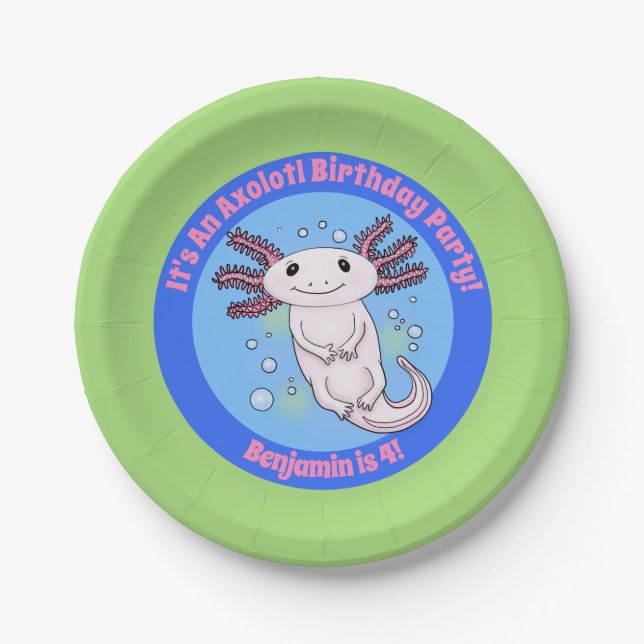 Cute pink axolotl blue bubbles pet cartoon paper plates (Front)