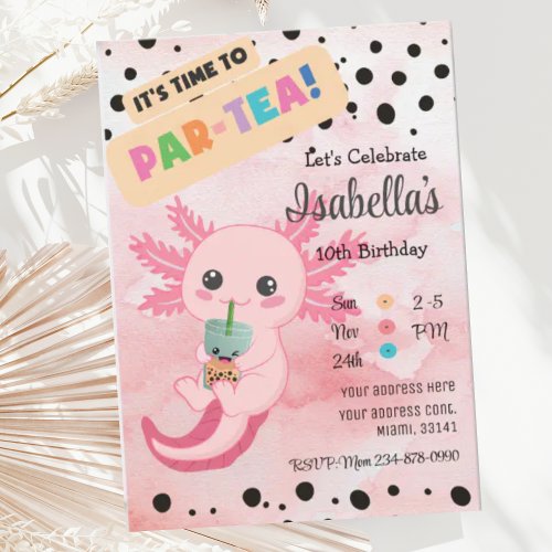 Cute Pink Axolotl Boba Tea Birthday Invitation
