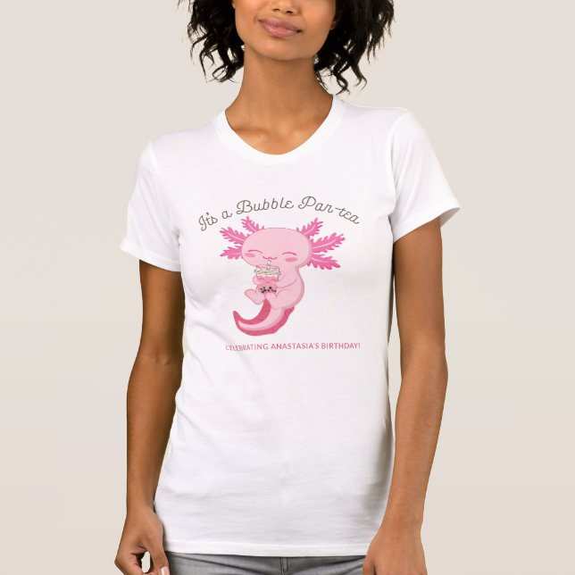 Cute Pink Axolotl Boba Tea Birthday Party T-Shirt (Front)