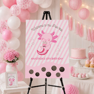 Cute Pink Axolotl Boba Tea Birthday Welcome Sign
