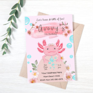 Cute Pink Axolotl Girls Birthday Party Invitation