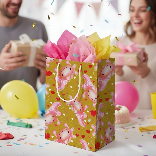 Cute Pink Axolotl Hearts Pattern Medium Gift Bag (Creator Uploaded)