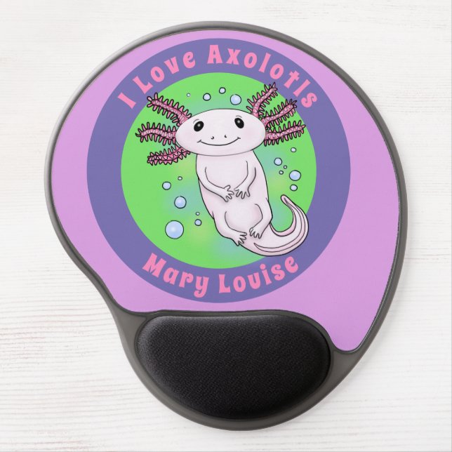 Cute pink axolotl on blue bubbles pet cartoon gel mouse pad (Front)