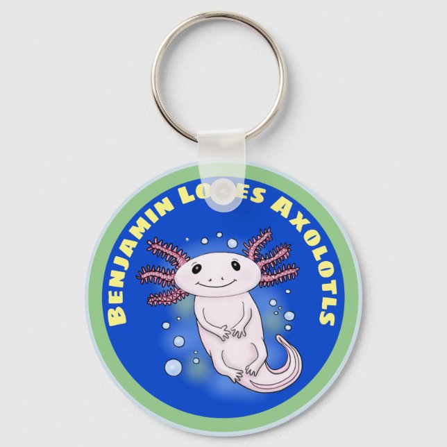 Cute pink axolotl on blue bubbles pet cartoon keychain (Front)