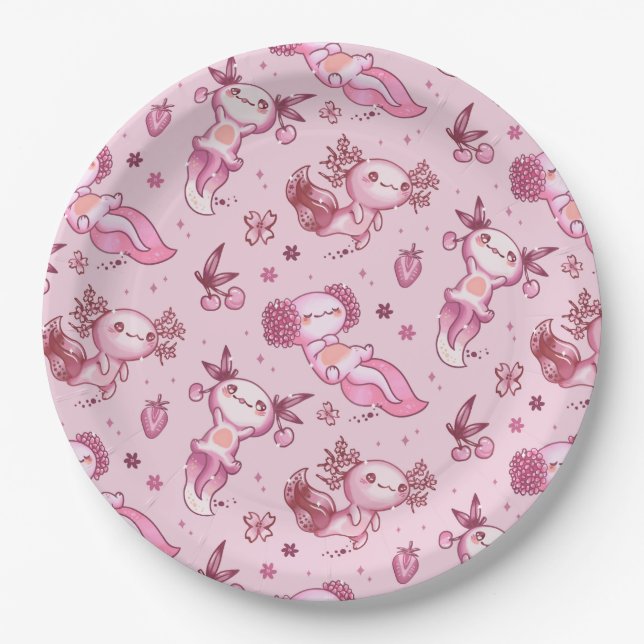 Cute Pink Axolotl Pattern Kawaii Animal Girls Paper Plates (Front)