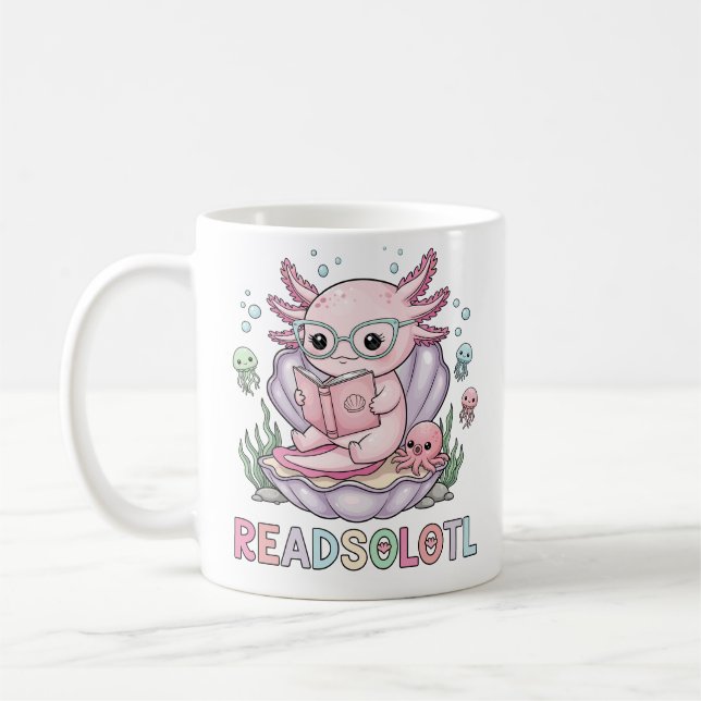 Cute Pink Axolotl Reading Coffee Mug (Left)